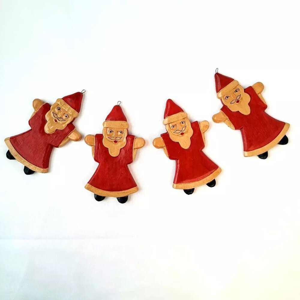 Artisan Hand Crafted Santa Claus Christmas Ornaments Wooden Painted Set Folk Art